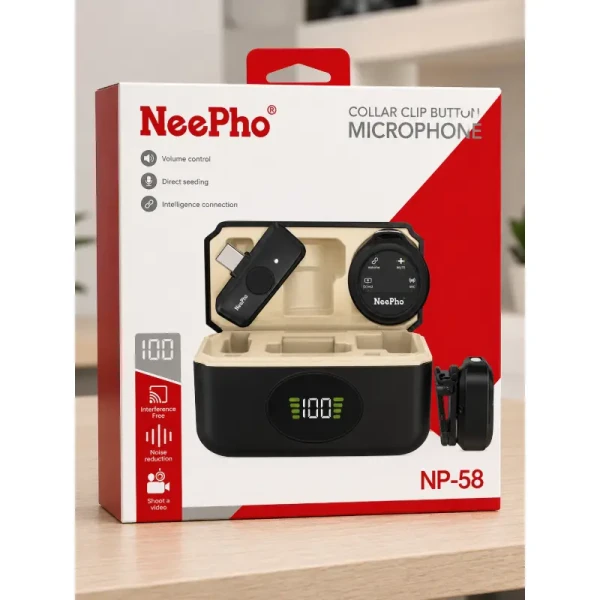 ميكروفون لاسلكي ذكي نيفو NeePho NP-58 للموبايل تايب سي | شاشة LED رقمية، عزل ضوضاء متطور، وتصميم دباب ذكي للملابس