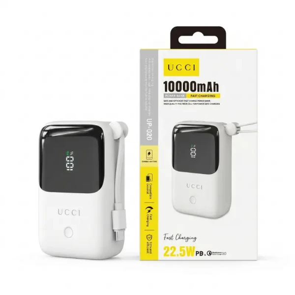 باور بانك يوسي الذكي UCCI UP-020 بقوة 22.5W وسعة 10000mAh | شاشة رقمية LED، وكابل تايب سي مدمج باللون الأبيض الملكي