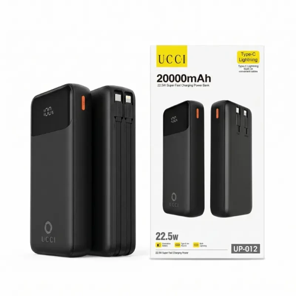 باور بانك يوسي الذكي UCCI UP-012 بقوة 22.5W وسعة عملاقة 20000mAh | شاشة رقمية LED، ومزود بكابلين مدمجين تايب سي وآيفون